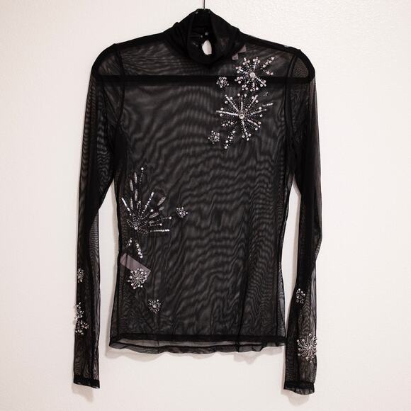 Cinq a Sept Shooting Star Mesh Turtleneck Top Black Embellished Sparkly NYE SZ M - Picture 3 of 9